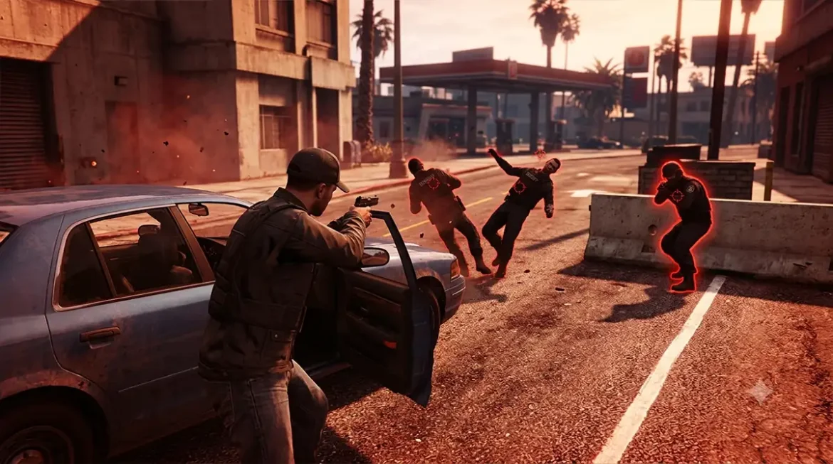 Igrač u GTA 5 nišani dok je aktivna DEADEYE šifra za usporeno vreme